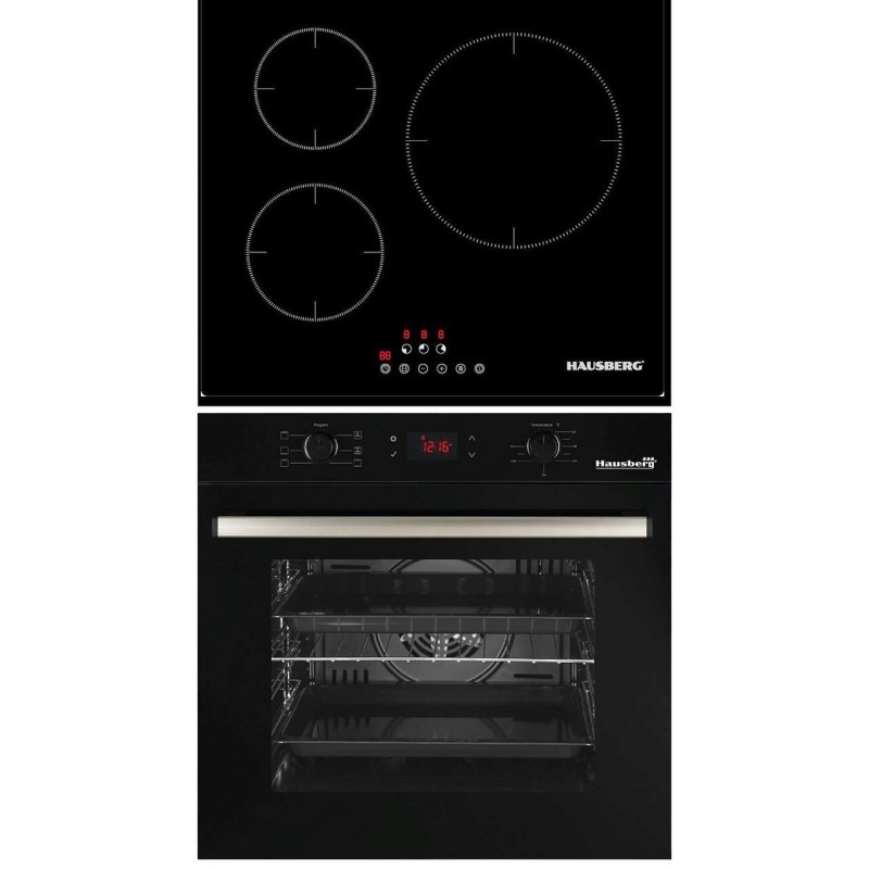 Pachet incorporabil Cuptor electric Hausberg HB-8054NG, Clasa A, volum 71L, ventilatie, Plita Hausberg HB1530, Electrica cu Inductie, putere 6000W, 3 zone de gatit, PowerBoost, 60 cm