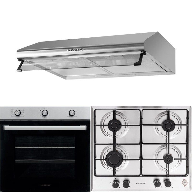 Pachet incorporabil Hausberg Cuptor electric HB-8053IN, Clasa A, 71L, 2225W, Negru/Inox, Plita Incorporabila HB-555, 4 arzatoare, Gaz, Inox, Hota incorporabila decorativa HB-1220, Putere de absorbtie 450 m3/h, 2 motoare, 60 cm, Inox