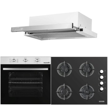 Pachet Cuptor electric Incorporabil Hausberg HB-8053IN, Clasa A, 71L, 2225W, Negru/Inox, Plita incorporabila HB-567NG, Gaz, 4 arzatoare, fonta, Sticla, Hota incorporabila telescopica HB-1285IN, Putere de absorbtie 420 m3/h, 2 motoare, 60 cm, Alb