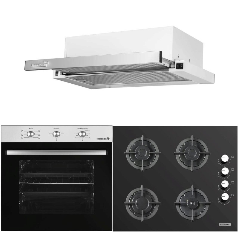Pachet Cuptor electric Incorporabil Hausberg HB-8053IN, Clasa A, 71L, 2225W, Negru/Inox, Plita incorporabila HB-567NG, Gaz, 4 arzatoare, fonta, Sticla, Hota incorporabila telescopica HB-1285IN, Putere de absorbtie 420 m3/h, 2 motoare, 60 cm, Alb