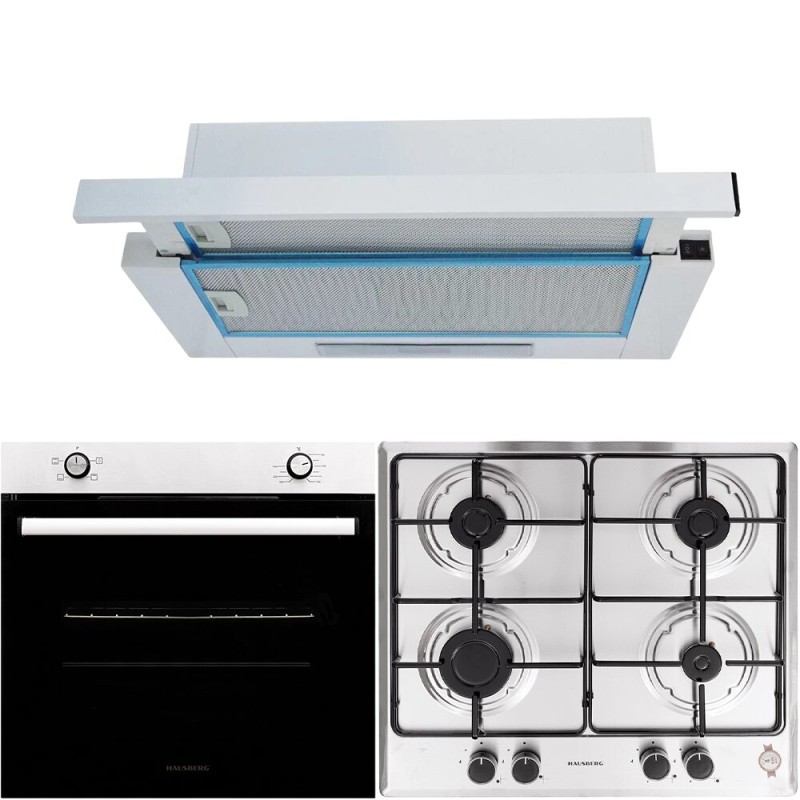 Pachet incorporabil Cuptor electric Hausberg HB-8051IN, Clasa A, 76L, 2000W, Negru/Inox Plita Incorporabila HB-555, 4 arzatoare, Gaz, Inox Hota incorporabila telescopica HB-1280, Putere de absorbtie 280 m3/h, 1 motor, 60 cm, Alb