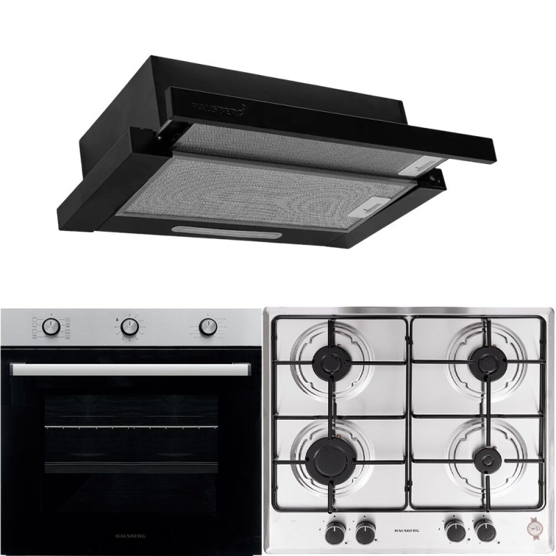 Pachet incorporabil Hausberg Cuptor electric HB-8053IN, 71L, Negru/Inox, Plita Incorporabila HB-555, Gaz, Inox, Hota incorporabila telescopica HB-1285NG, 420 m3/h, 2 motoare, 60 cm