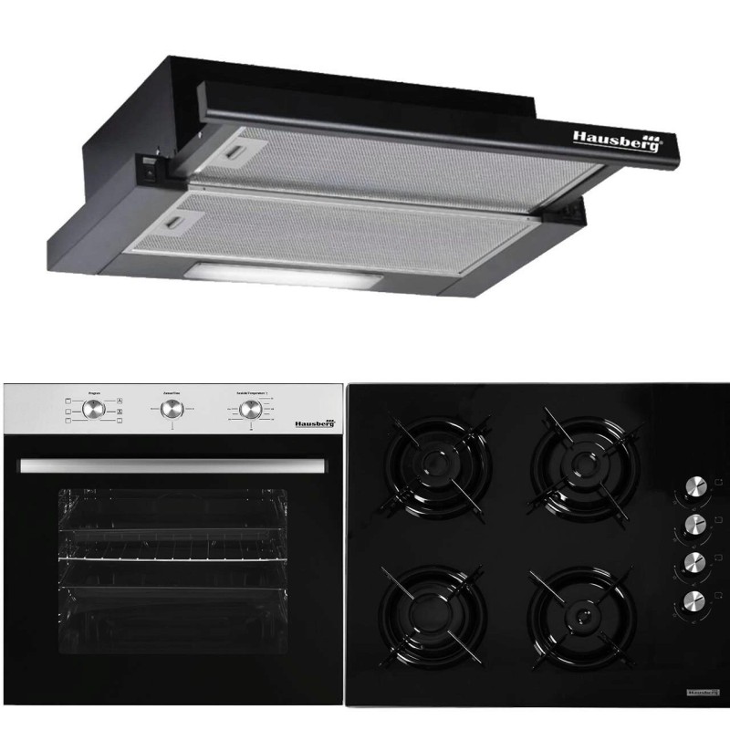 Pachet Incorporabil Cuptor electric Hausberg HB-8053IN, 71L, Negru/Inox, Plita Incorporabila HB-563NG, Gaz, Sticla, Negru, Hota incorporabila telescopica HB-1285NG, 420 m3/h, 2 motoare
