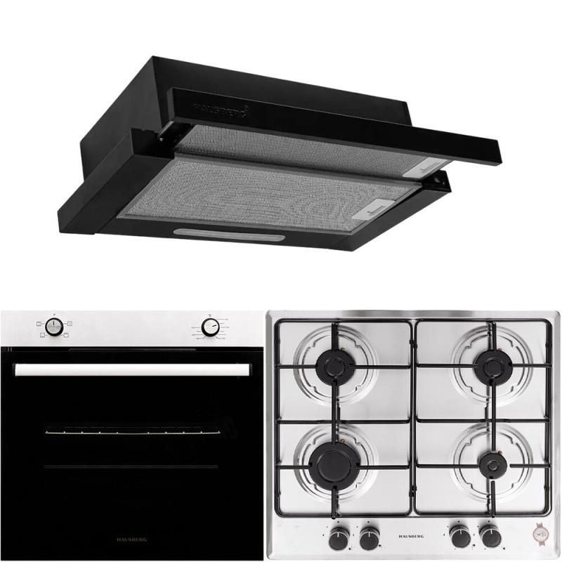 Pachet incorporabil Hausberg Cuptor electric HB-8051IN, Clasa A, 76L, 2000W, Negru/Inox Plita Incorporabila HB-555, 4 arzatoare, Gaz, Inox, Hota incorporabila telescopica HB-1285NG, Putere de absorbtie 420 m3/h, 2 motoare, 60 cm, Negru