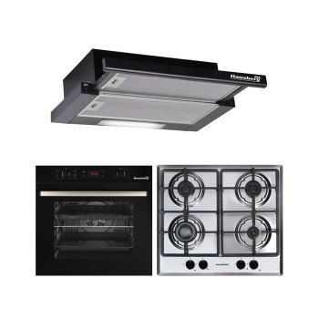 Pachet Incorporabil Cuptor electric Hausberg HB-8054, Clasa A, 71L, 2225W, Negru, Plita Incorporabila HB-555, 4 arzatoare, Gaz, Inox, Hota incorporabila telescopica HB-1285NG, Putere de absorbtie 420 m3/h, 2 motoare, 60 cm, Negru