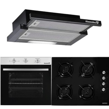 Pachet HAUSBERG Basic Style Black, Cuptor electric Incorporabil HB8052, Clasa A, 71L, 2000W, Negru/Inox, Plita Incorporabila HB563NG, 4 arzatoare, Gaz, Sticla, Negru, Hota incorporabila telescopica HB1285NG, Putere de absorbtie 420 m3/h, 2 motoare