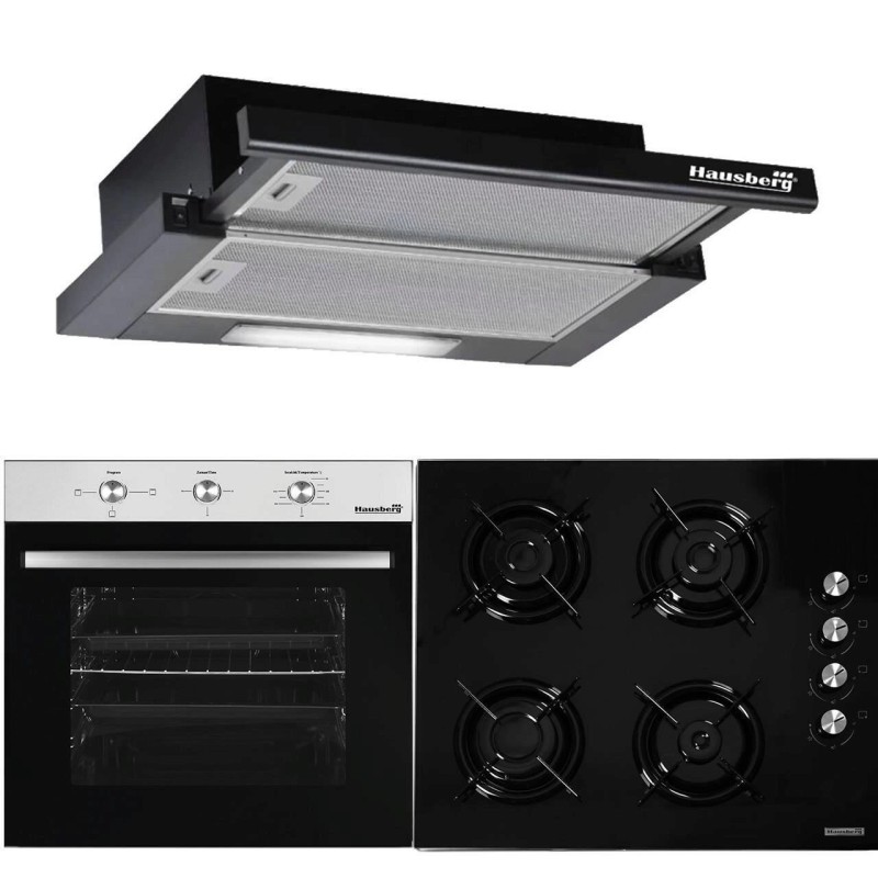 Pachet HAUSBERG Basic Style Black, Cuptor electric Incorporabil HB8052, Clasa A, 71L, 2000W, Negru/Inox, Plita Incorporabila HB563NG, 4 arzatoare, Gaz, Sticla, Negru, Hota incorporabila telescopica HB1285NG, Putere de absorbtie 420 m3/h, 2 motoare