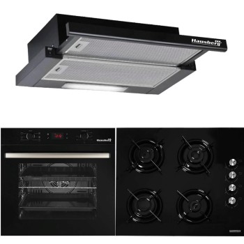 Pachet HAUSBERG Premium Style Black, Cuptor electric Incorporabil HB8054, Clasa A, 71L, 2225W, Negru, Plita Incorporabila HB563NG, 4 arzatoare, Gaz, Sticla, Negru, Hota incorporabila telescopica HB1285NG, Putere de absorbtie 420 m3/h, 2 motoare