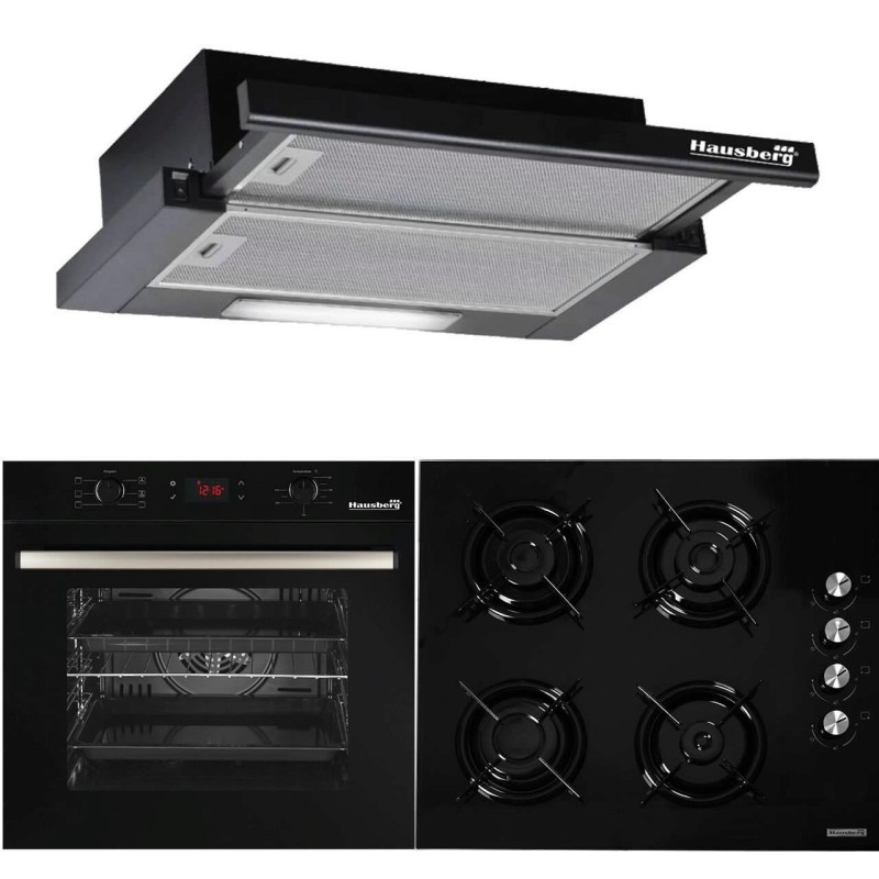 Pachet HAUSBERG Premium Style Black, Cuptor electric Incorporabil HB8054, Clasa A, 71L, 2225W, Negru, Plita Incorporabila HB563NG, 4 arzatoare, Gaz, Sticla, Negru, Hota incorporabila telescopica HB1285NG, Putere de absorbtie 420 m3/h, 2 motoare