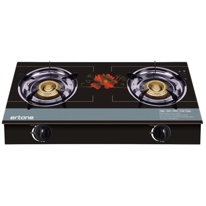 Aragaz ERTONE MN-1102 din sticla securizata, 2 Arzatoare din fonta, aprindere pe quartz, negru