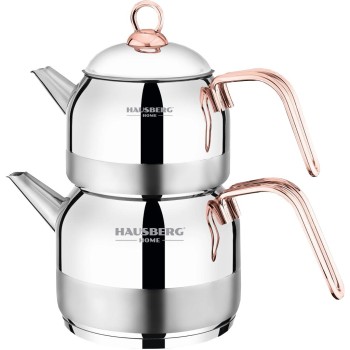 Set ceainic si fierbator HAUSBERG HB-H610, Otel inoxidabil, Inductie, Maner ergonomic, Ceainic 1L, Fierbator 2L, Argintiu