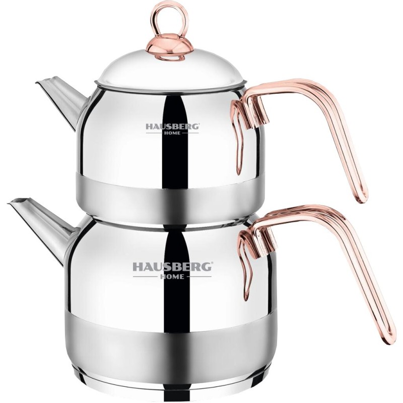 Set ceainic si fierbator HAUSBERG HB-H610, Otel inoxidabil, Inductie, Maner ergonomic, Ceainic 1L, Fierbator 2L, Argintiu