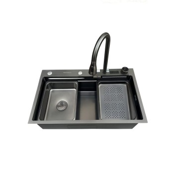 Set chiuveta multifunctionala HAUSBERG HBC-9950NG din otel inoxidabil, baterie dubla, cuva perforata fructe/legume, cuva universala cu dop scurgere, tocator, 750x460x220 mm, accesorii incluse, Negru