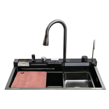 Set chiuveta multifunctionala HAUSBERG HBC-9955NG din otel inoxidabil, baterie dubla, cuva perforata fructe/legume, cuva universala cu dop scurgere, tocator, 750x460x220 mm, accesorii incluse, Negru