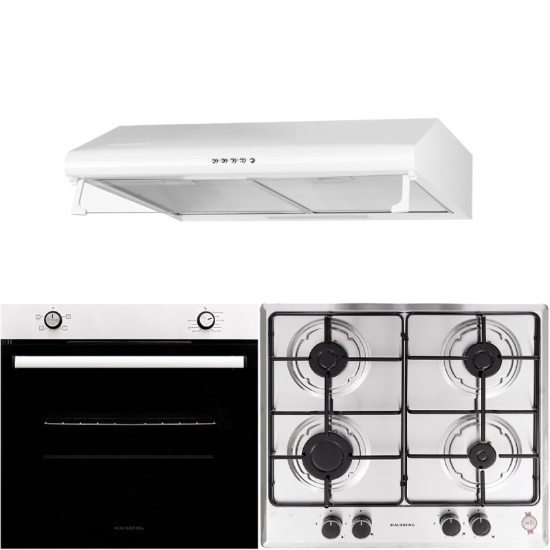 Pachet Cuptor Incorporabil Hausberg HB-8051IN, Electric, 76 l, 4 Functii, Clasa A + Plita Incorporabila Hausberg HB-555, 4 arzatoare, Gaz, Inox + Hota traditionala Hausberg HB-1225, 420 m3/h, 2 motoare, 60 cm, Alb