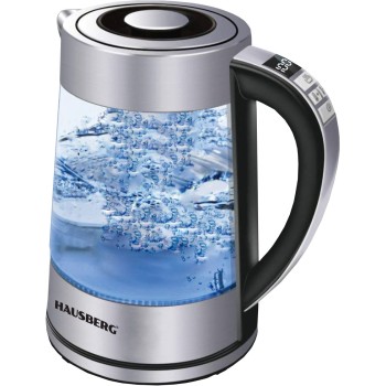 Cana fierbator din sticla cu afisaj digital HAUSBERG HB-3625, putere 1500-1800W, capacitate 2L, indicator LED, oprire automata, Material inox + sticla