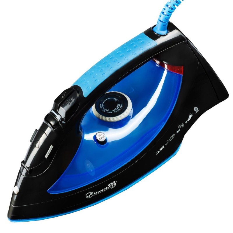 Fier de calcat Hausberg HB-7802BL, talpa ceramica, jet de abur 12g/min, abur pe verticala 25g/min, sistem antipicurare, sistem autocuratare, 2200W