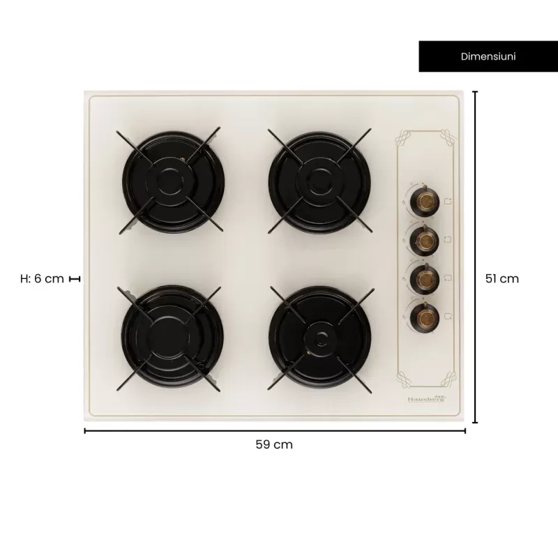 Plita Incorporabila Rustica Hausberg HB-570, 4 arzatoare, Gaz, 60 cm, Bej