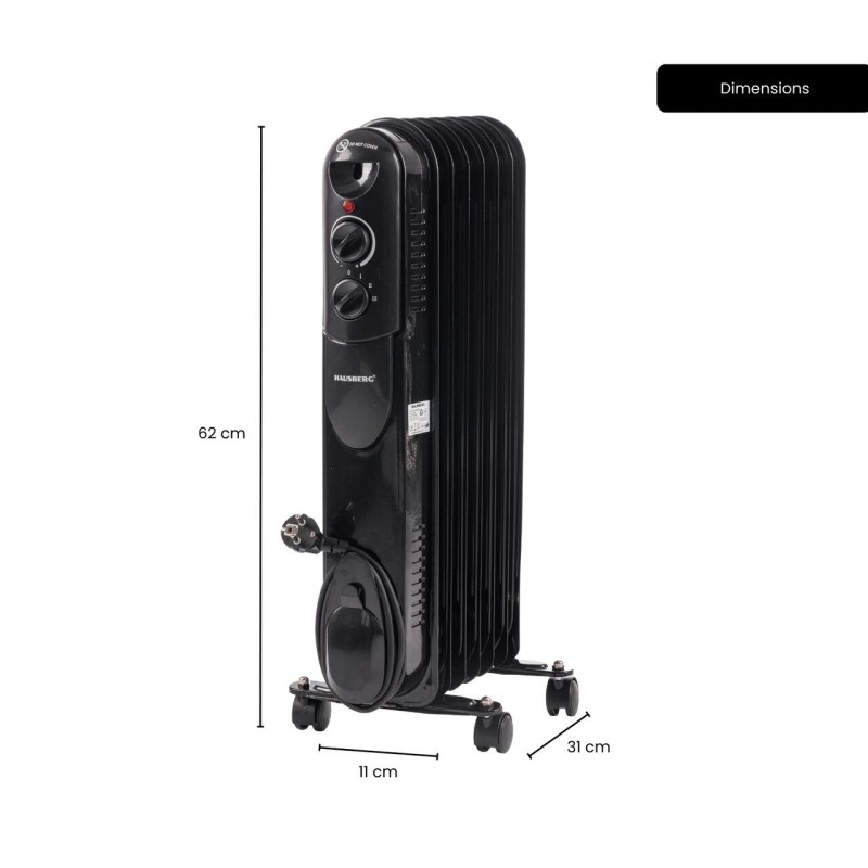 Calorifer electric cu ulei HAUSBERG HB-8905, 3 trepte, 600-900-1500 W, 7 elementi 110 mm x 580 mm, termostat reglabil, maner si rotite pentru o deplasare facila, indicator luminos functionare, negru