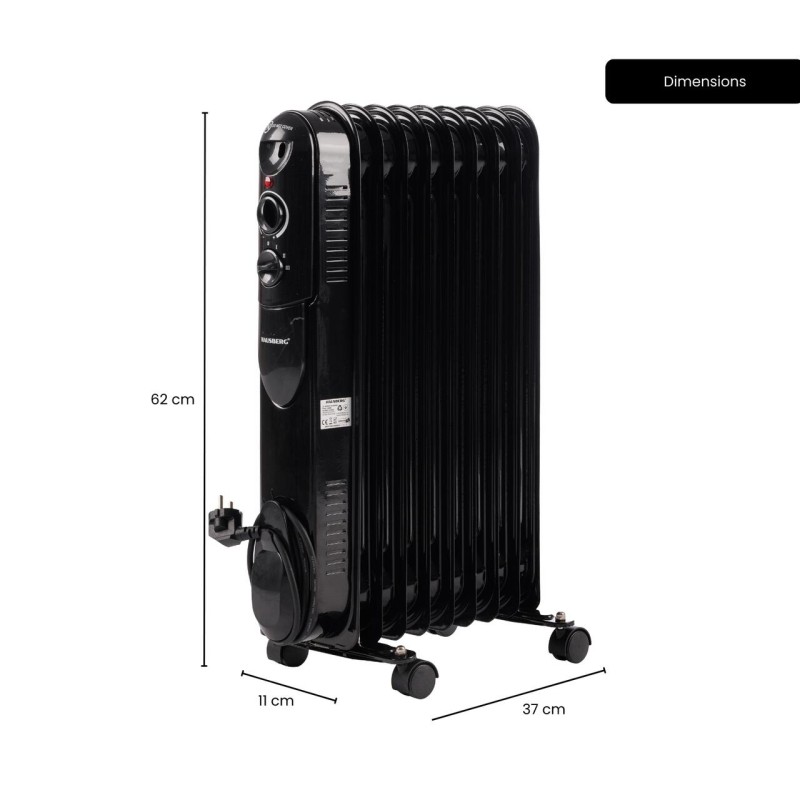 Calorifer electric cu ulei HAUSBERG HB-8915, 3 trepte, 800-1200-2000 W, 9 elementi 110 mm x 580 mm, termostat reglabil, maner si rotite pentru o deplasare facila, indicator luminos functionare, negru