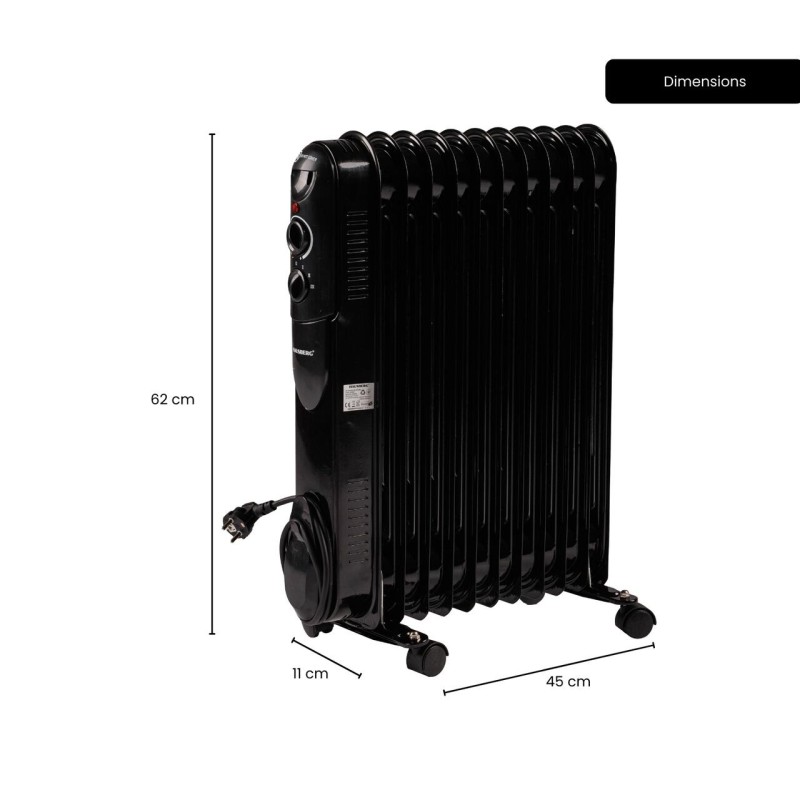 Calorifer electric cu ulei HAUSBERG HB-8925, 3 trepte, 1000-1500-2500 W, 11 elementi 110 mm x 580 mm, termostat reglabil, maner si rotite pentru o deplasare facila, indicator luminos functionare, negru