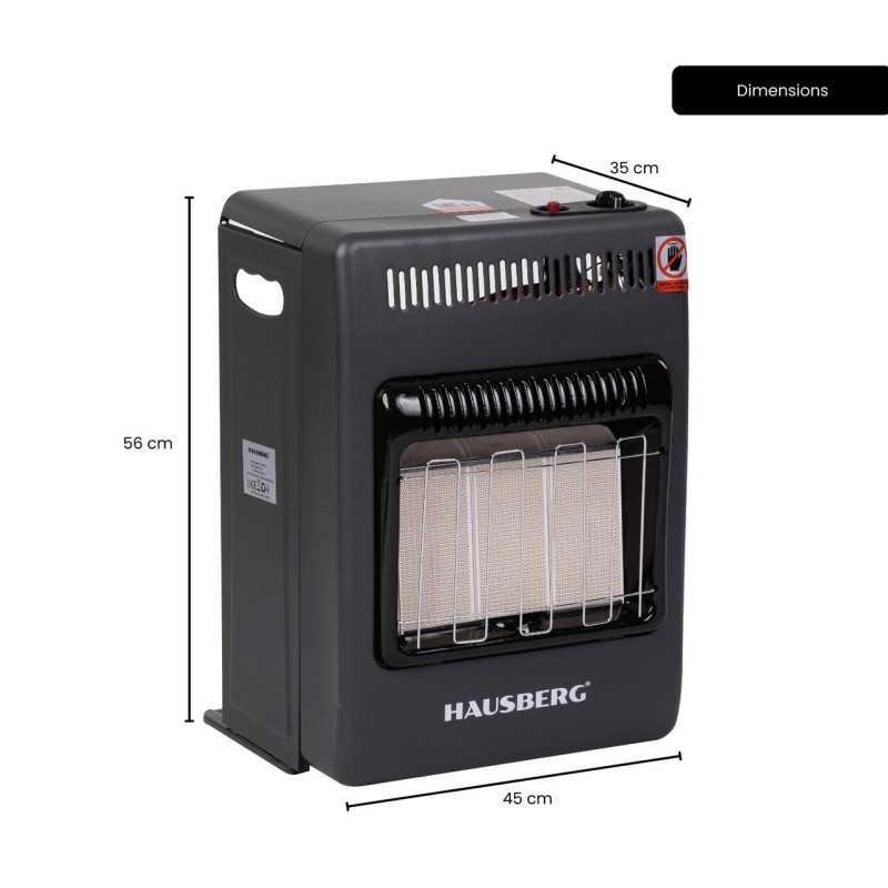 Mini Soba pe gaz GPL Hausberg HB-1023NG, aprindere piezo-electrica, 3 placi de incalzire ceramic putere totala 4.2kW, sistem de oprire automata a gazului, Negru