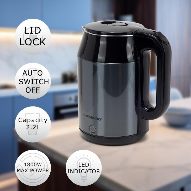 Cana electrica fierbator HAUSBERG HB-3623BL, 1500 - 1800W, capacitate 2.2L, oprire automata, indicator luminous, Bleu-Negru