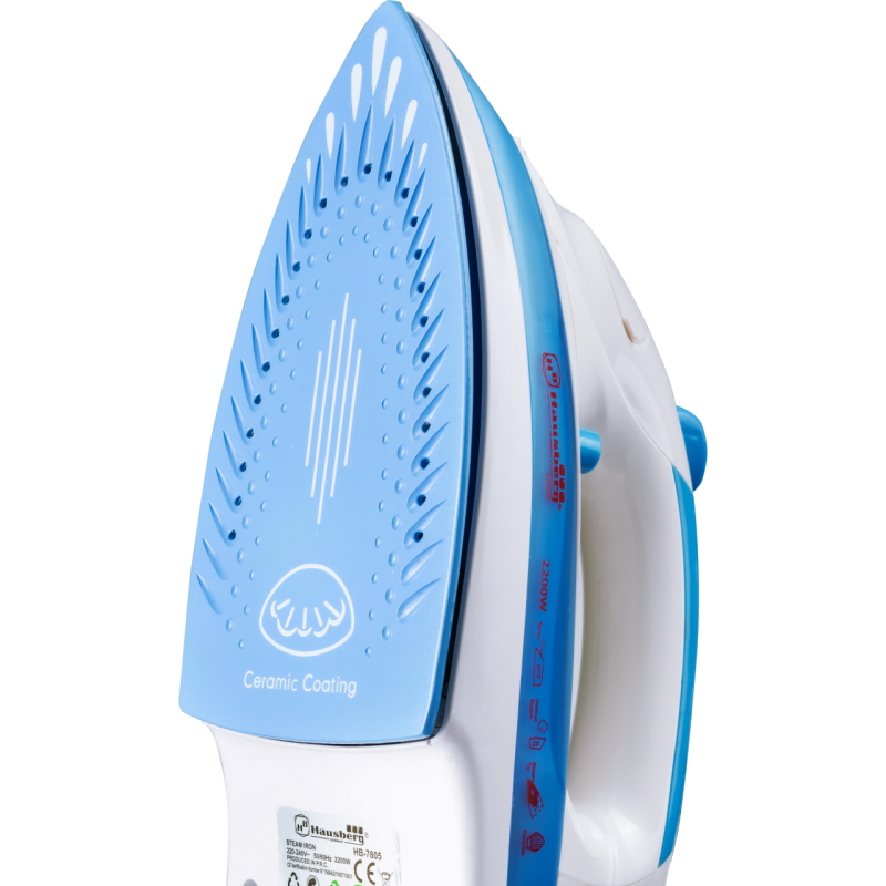 Fier de calcat Hausberg HB-7805BL, 2300W, 165ml, talpa ceramica, jet abur 12g/min, abur verticala 25g/min, sistem antipicurare, sistem autocuratare, Alb/Bleu