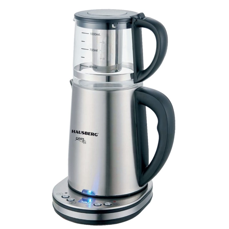 Aparat digital preparare ceai HAUSBERG HB-3640IN, 1500W, cana 1.7L, ceainic 1L, panou din otel inoxidabil cu afisaj digital, termostat, Inox