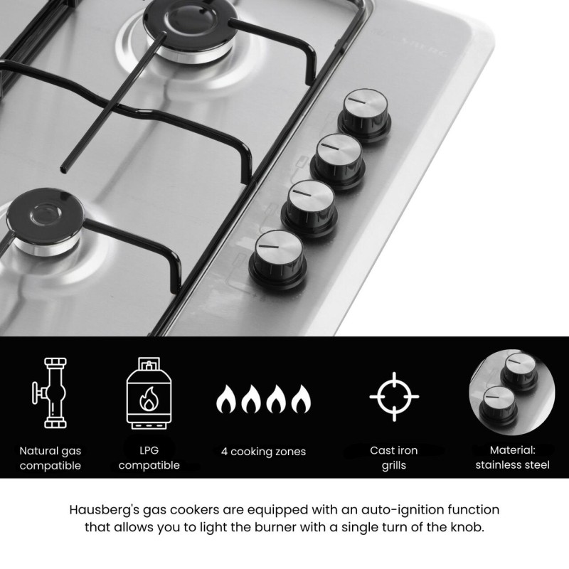 Plita incorporabila HAUSBERG HB-580IN, aprindere electrica, gaz, 4 arzatoare, sistem siguranta, Inox