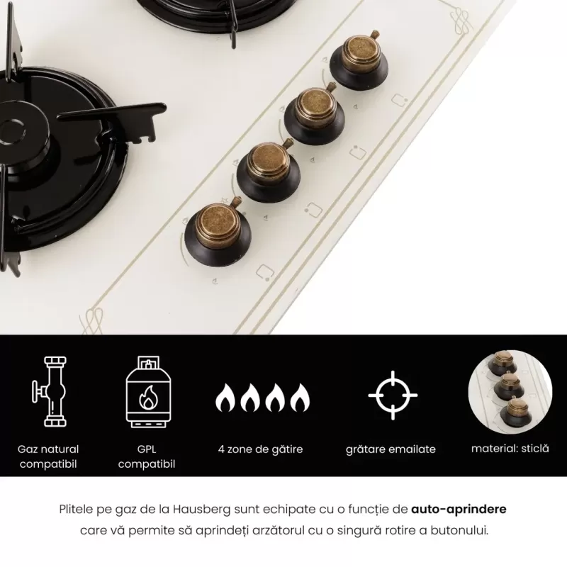Plita Incorporabila Rustica Hausberg HB-570, 4 arzatoare, Gaz, 60 cm, Bej
