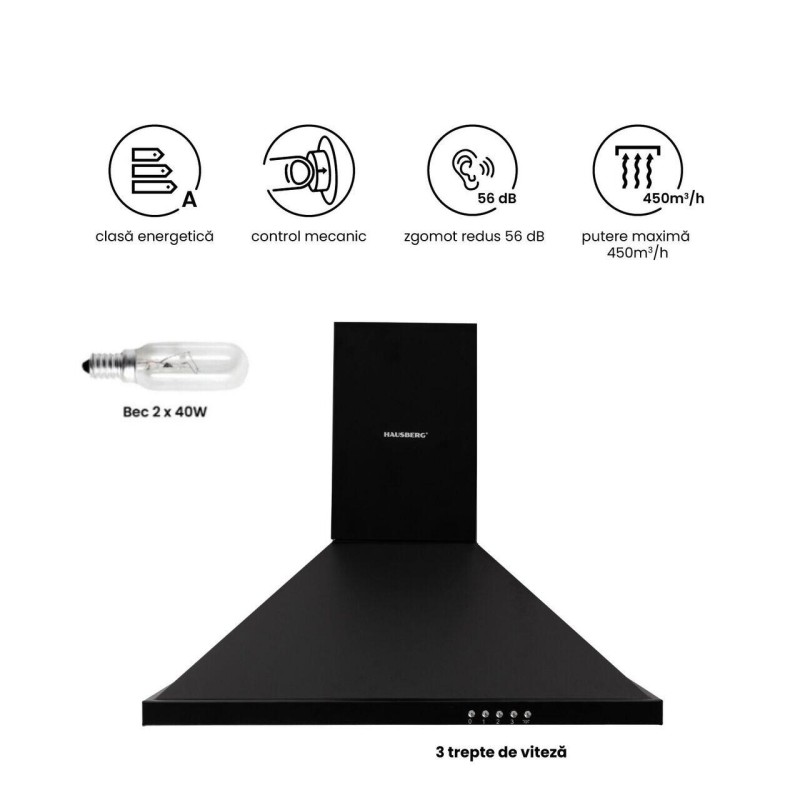 Hota incorporabila decorativa Hausberg HB-1260NG, Putere de absorbtie 400 m3/h, 1 motor, 60 cm, Negru