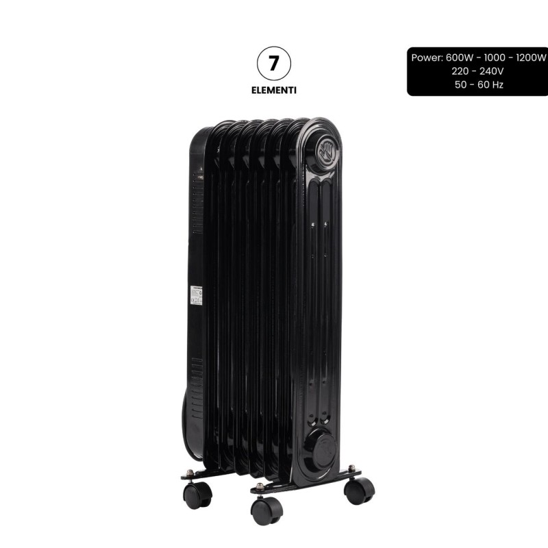 Calorifer electric cu ulei HAUSBERG HB-8905, 3 trepte, 600-900-1500 W, 7 elementi 110 mm x 580 mm, termostat reglabil, maner si rotite pentru o deplasare facila, indicator luminos functionare, negru
