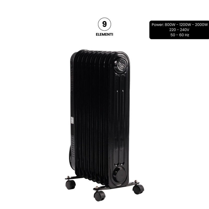 Calorifer electric cu ulei HAUSBERG HB-8915, 3 trepte, 800-1200-2000 W, 9 elementi 110 mm x 580 mm, termostat reglabil, maner si rotite pentru o deplasare facila, indicator luminos functionare, negru