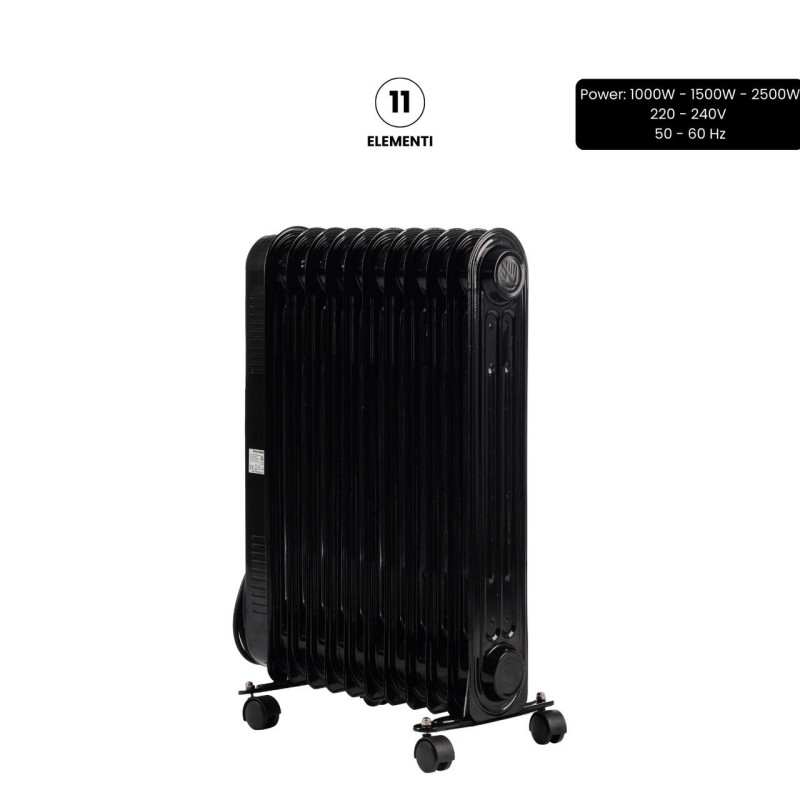 Calorifer electric cu ulei HAUSBERG HB-8925, 3 trepte, 1000-1500-2500 W, 11 elementi 110 mm x 580 mm, termostat reglabil, maner si rotite pentru o deplasare facila, indicator luminos functionare, negru