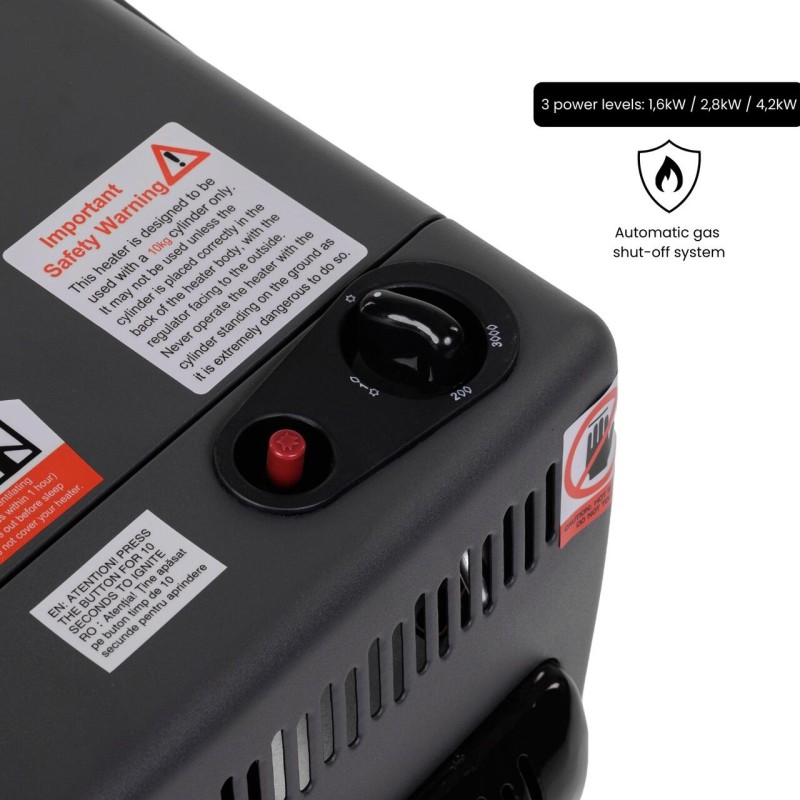 Mini Soba pe gaz GPL Hausberg HB-1023NG, aprindere piezo-electrica, 3 placi de incalzire ceramic putere totala 4.2kW, sistem de oprire automata a gazului, Negru