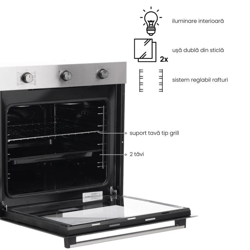 Pachet incorporabil Hausberg Cuptor HB-8053IN, Electric, Putere 2225 W, 71 l, 6 Functii, Ventilatie, Timer, Clasa A, Plita HB-580IN, aprindere electrica, gaz, 4 arzatoare, siguranta, Negru-Inox Hota HB-1285NG, 420 m3/h, 2 motoare, 60 cm, Negru-Inox