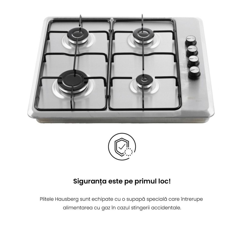 Plita incorporabila HAUSBERG HB-580IN, aprindere electrica, gaz, 4 arzatoare, sistem siguranta, Inox