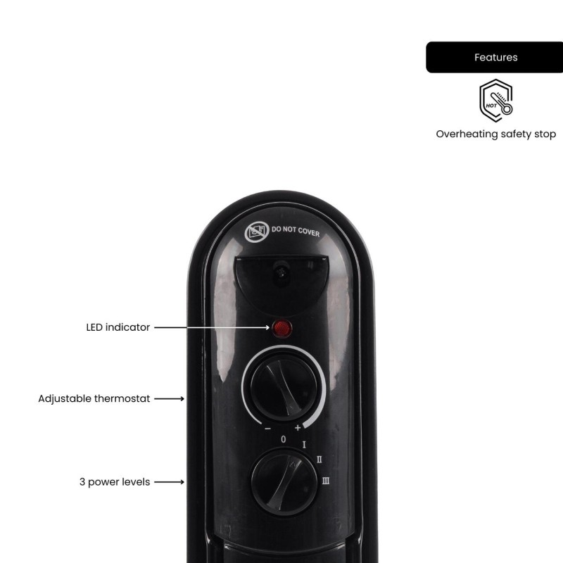 Calorifer electric cu ulei HAUSBERG HB-8915, 3 trepte, 800-1200-2000 W, 9 elementi 110 mm x 580 mm, termostat reglabil, maner si rotite pentru o deplasare facila, indicator luminos functionare, negru