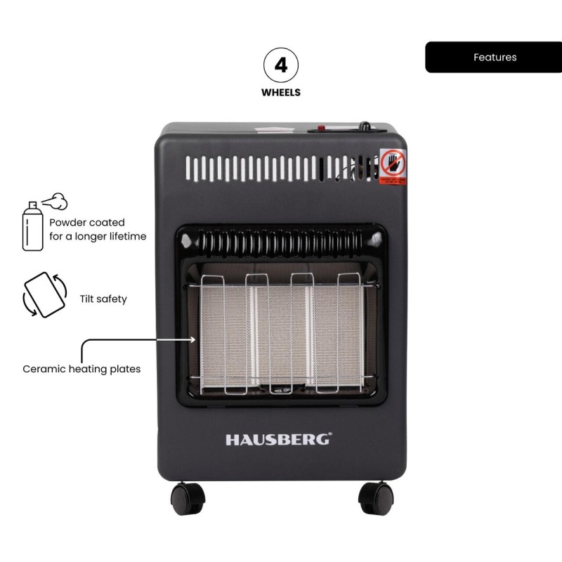 Mini Soba pe gaz GPL Hausberg HB-1023NG, aprindere piezo-electrica, 3 placi de incalzire ceramic putere totala 4.2kW, sistem de oprire automata a gazului, Negru