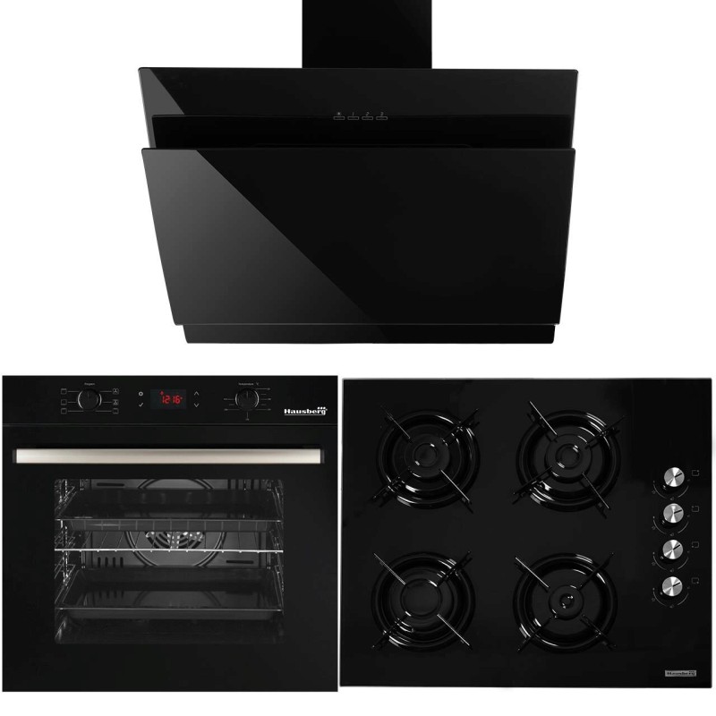 Pachet Incorporabil Cuptor electric Hausberg HB-8054, Clasa A, 71L, 2225W, Negru, Plita Incorporabila HB-563NG, 4 arzatoare, Gaz, Sticla, Negru, Hota Incorporabila decorativa HB-1385, Putere de absorbtie 650 mc/h, 60 cm, Touch control