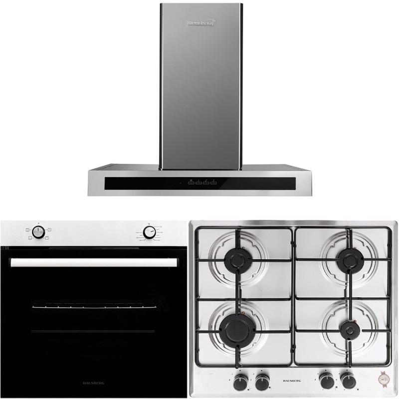 Pachet Cuptor Incorporabil Hausberg HB-8051IN, Electric, 76 l, 4 Functii, Clasa A + Plita Incorporabila Hausberg HB-555, 4 arzatoare, Gaz, Inox + Hota incorporabila decorativa Hausberg HB-1380, 450 m3/h, 1 motor, Touch control, LED, Filtru aluminiu