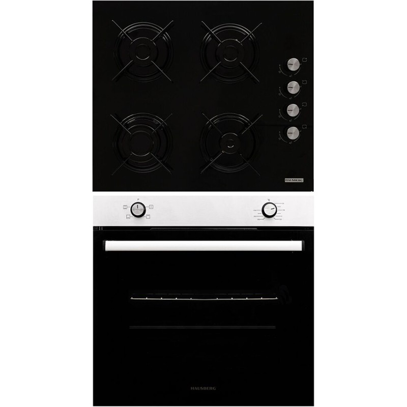 Pachet Incorporabil Cuptor Hausberg HB-8051IN, Electric, Putere 2000 W, 76 l, 4 Functii, Clasa A, Negru/Inox, Plita incorporabila Hausberg HB-563, Gaz, 4 arzatoare, Negru