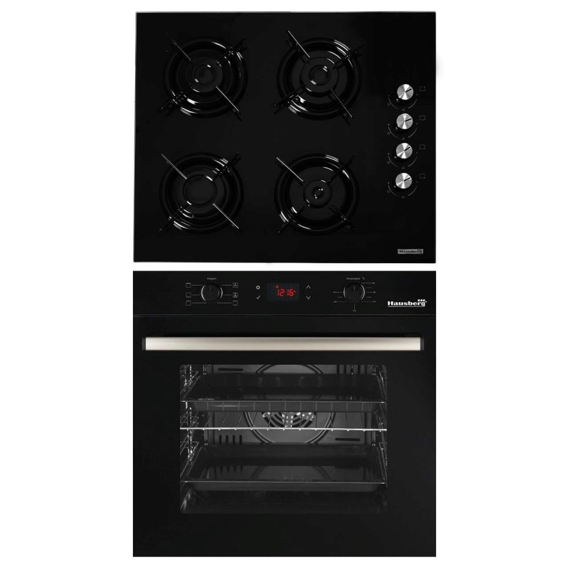 Pachet Incorporabil Cuptor electric Hausberg HB-8054NG, Clasa A, 71L, 2225W, Negru, Plita Incorporabila HB-563NG, 4 arzatoare, Gaz, Sticla, Negru