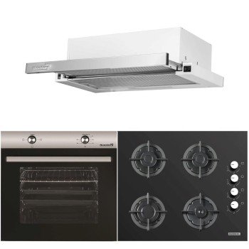 Pachet Incorporabil Cuptor electric Hausberg HB-8051IN, Clasa A, 76L, 2000W, Negru/Inox, Plita incorporabila HB-567NG, Gaz, 4 arzatoare, fonta, Sticla, Hota incorporabila telescopica HB-1285IN, Putere de absorbtie 420 m3/h, 2 motoare, 60 cm, Alb