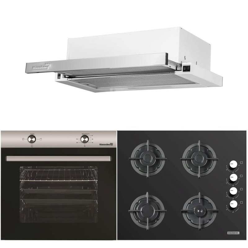 Pachet Incorporabil Cuptor electric Hausberg HB-8051IN, Clasa A, 76L, 2000W, Negru/Inox, Plita incorporabila HB-567NG, Gaz, 4 arzatoare, fonta, Sticla, Hota incorporabila telescopica HB-1285IN, Putere de absorbtie 420 m3/h, 2 motoare, 60 cm, Alb