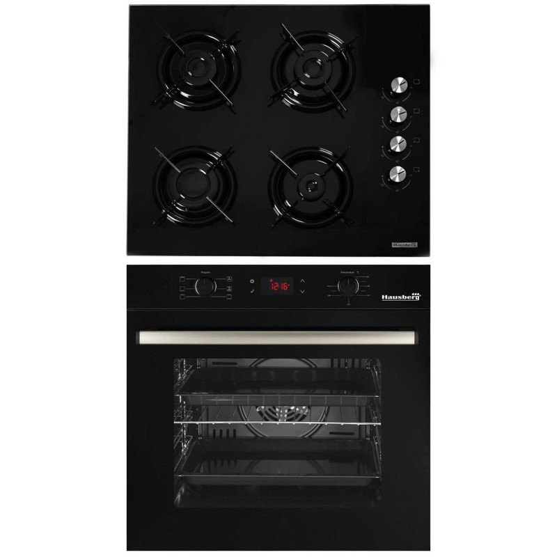 Pachet Incorporabil Hausberg Cuptor electric HB-8054NG, Clasa A, 71L, 2225W, Negru, Plita Incorporabila HB-563NG, 4 arzatoare, Gaz, Sticla, Negru