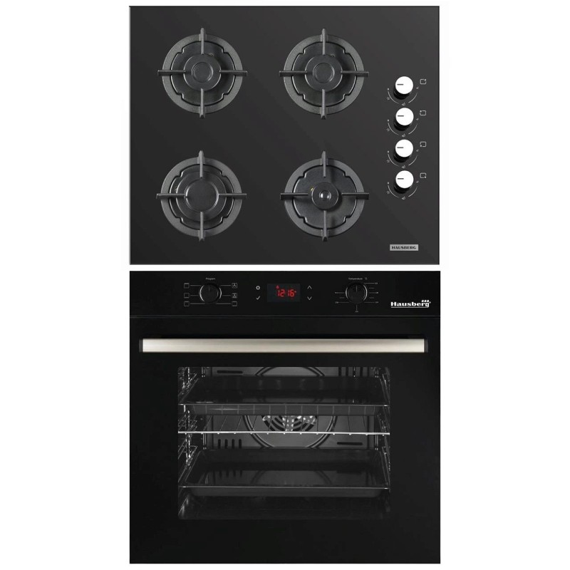 Pachet Incorporabil Hausberg Cuptor electric HB-8054NG, Clasa A, 71L, 2225W, Negru, Plita incorporabila HB-567NG, Gaz, 4 arzatoare, Sistem de siguranta GAZ, Gratar din fonta, Material Sticla, Negru