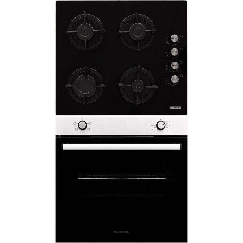 Pachet incorporabil HAUSBERG Cuptor electric HB-8051IN, 2000 W, 76 l, 4 Functii, Clasa A, Plita HB-567NG, Gaz, 4 arzatoare, Sistem de siguranta GAZ, Gratar din fonta, Material Sticla, Negru/Inox