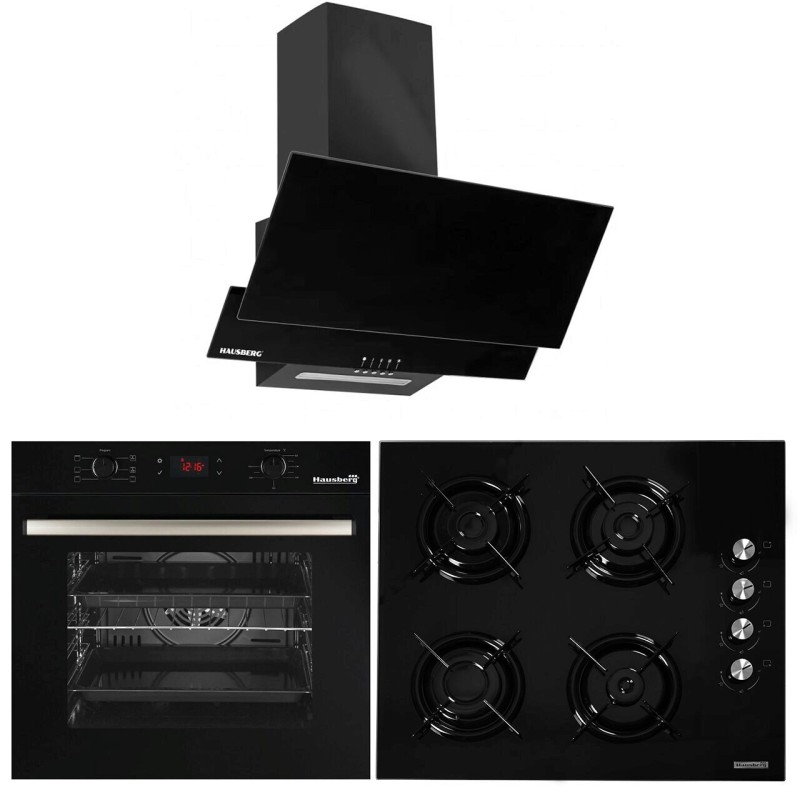 Pachet incorporabil HAUSBERG cuptor electric HB-8054NG, Clasa A, 71L, 2225W, sticla termoizolant, termostat, timer, 7 functii, ventilatie, Plita HB-563, Gaz, 4 arzatoare, Sticla, Hota decorativa HB-1805NG, 60 cm, 450m3/h, Filtru aluminiu, Negru